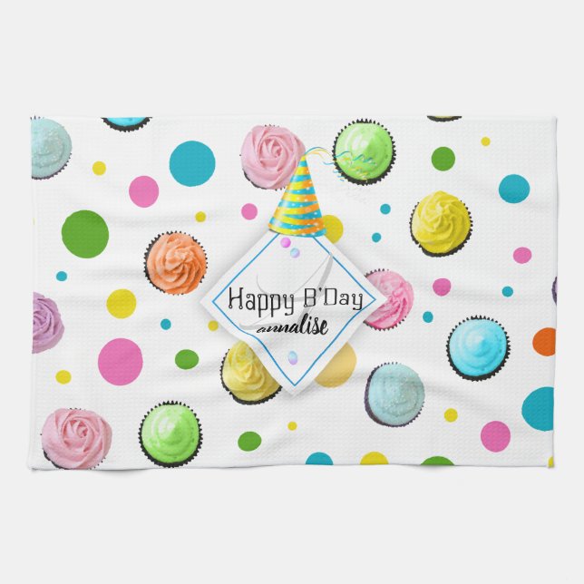 Birthday Cupcakes and Dots Monogram Towel (Horizontal)