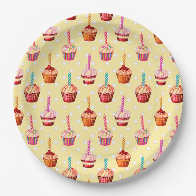 Birthday Cupcakes and Polka Dot Paper Plates (Front)