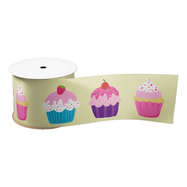Birthday Cupcakes on Yellow  Satin Ribbon (Spool)