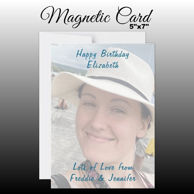 Birthday custom blue text photo magnetic card (Creator Uploaded)