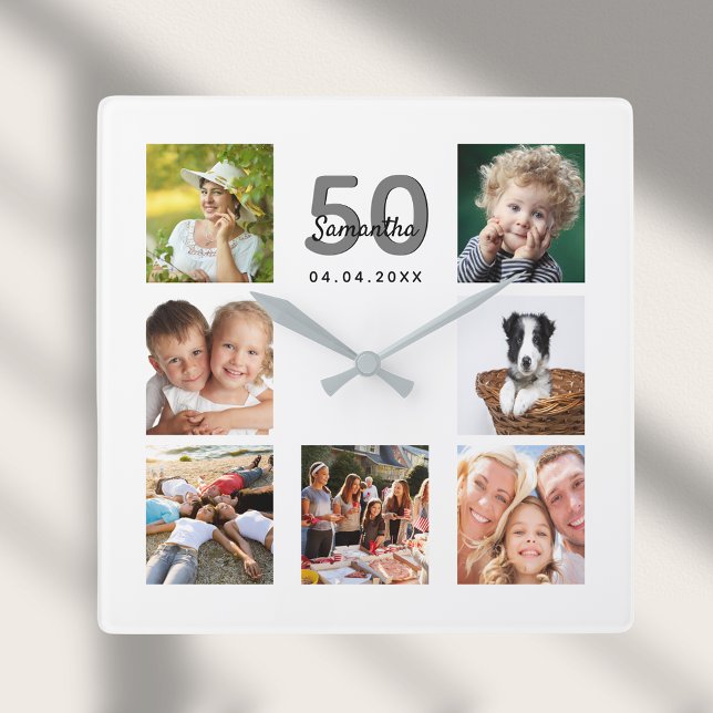 Birthday custom family photo collage milestone square wall clock (Creator Uploaded)