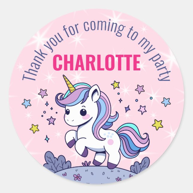 Birthday Custom Magical Unicorn Thank You Classic Round Sticker (Front)