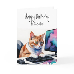 Birthday Custom Name Cat Gamer Computer Card