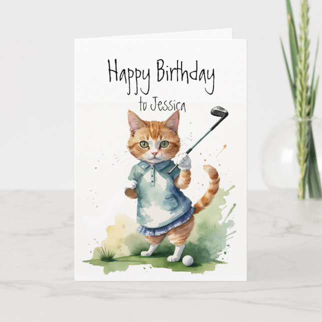 Birthday Custom Name Cat Golfing Card (Front)