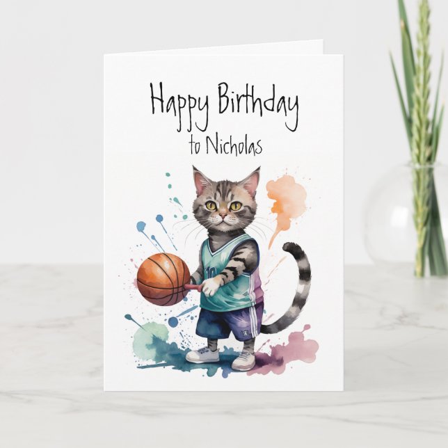 Birthday Custom Name Cat Playing Basketball Card (Front)