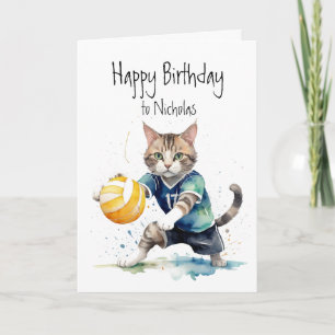 Birthday Custom Name Cat Playing Volleyball Card