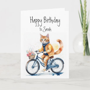 Birthday Custom Name Cat Riding a Bike Card