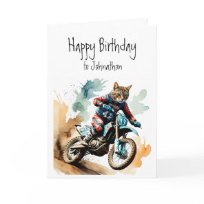 Birthday Custom Name Cat Riding Motocross Card