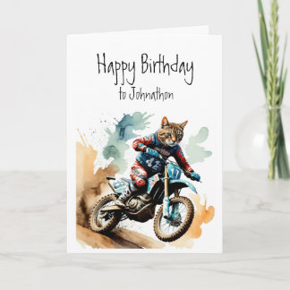 Birthday Custom Name Cat Riding Motocross Card