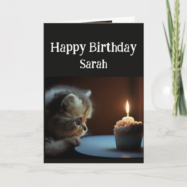 Birthday Custom Name Cute Kitten Cupcake Card (Front)