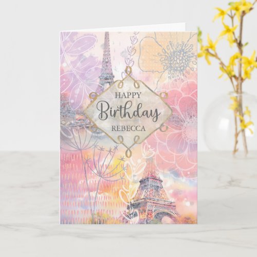 Birthday Custom Name Eiffel Tower Watercolor Card