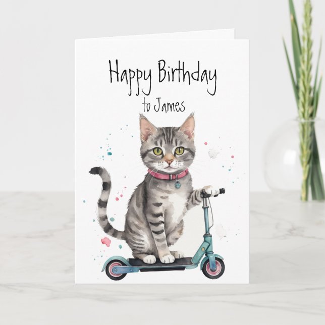 Birthday Custom Name Fun Cute Cat Kick Scooter Card (Front)