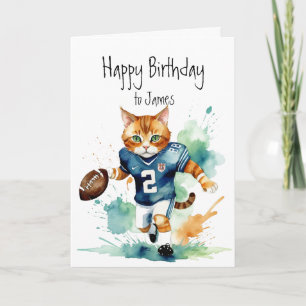 Birthday Custom Name Fun Cute Cat playing Football Card