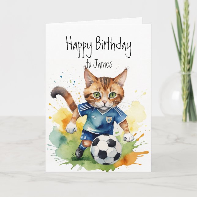 Birthday Custom Name Fun Cute Cat playing Soccer Card (Front)
