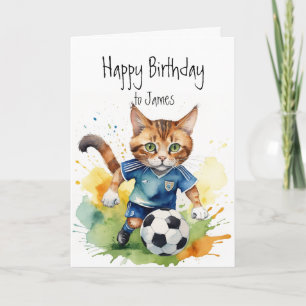 Birthday Custom Name Fun Cute Cat playing Soccer Card