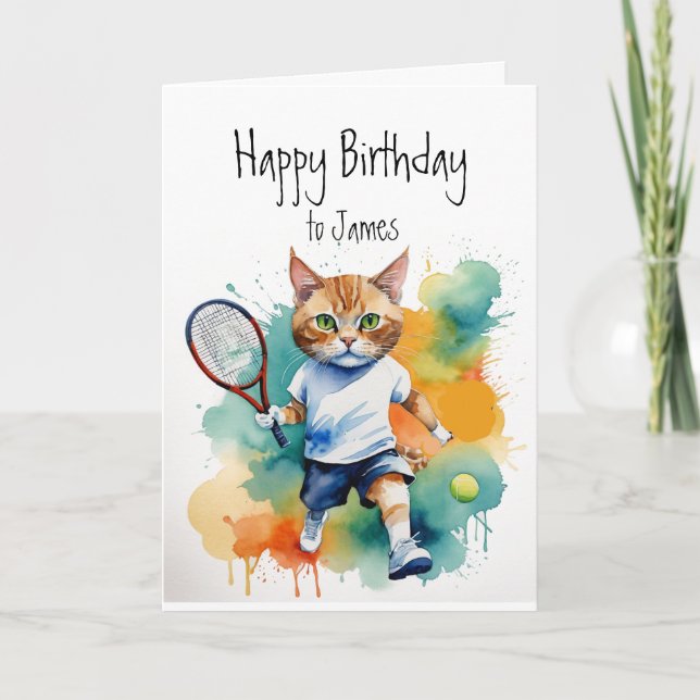 Birthday Custom Name Fun Cute Cat playing  tennis Card (Front)
