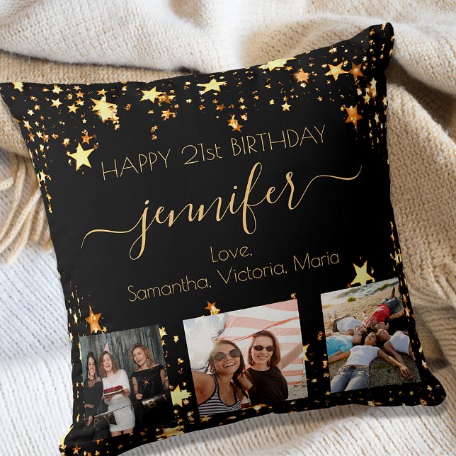 Birthday custom photo best friend black gold stars throw pillow (Creator Uploaded)