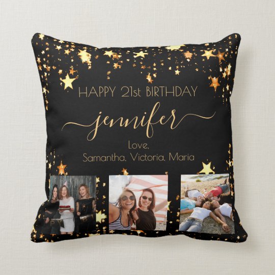 Birthday Custom Photo Best Friend Black Gold Stars Throw Pillow