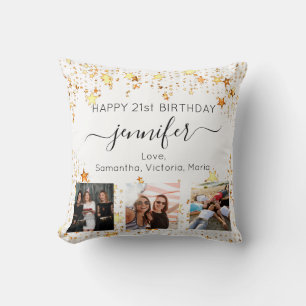 Birthday custom photo best friend white gold stars throw pillow