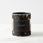 Birthday custom photo black gold best friends mug<br><div class="desc">A gift from friends for a woman's 21st (or any age) birthday. Personalize and 2 of your own photos, her name, age 21 and your names. Golden text. A chic, classic black background color. Her name is written with a modern hand lettered style script with swashes. Decorated with faux gold...</div>