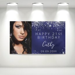 Birthday custom photo blue silver glitter banner