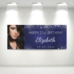 Birthday custom photo blue silver glitter banner<br><div class="desc">Celebrating a 21st (or any age) milestone birthday for a girl/woman. A dark blue background. The blue color is uneven. Decorated with faux silver glitter dust. Personalize and add your own photo of the birthday girl. Use a vertical/portrait size photo. The text: The name in gray with a modern hand...</div>