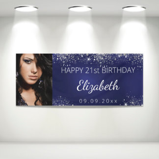 Birthday custom photo blue silver glitter banner