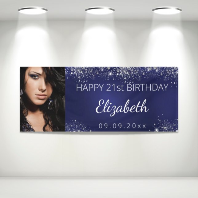 Birthday custom photo blue silver glitter banner (Creator Uploaded)