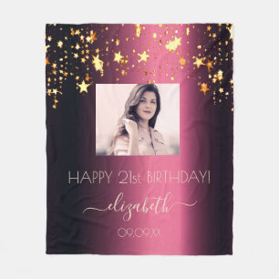 Birthday custom photo burgundy gold stars pink fleece blanket