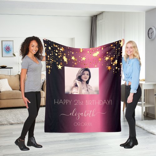 Birthday custom photo burgundy gold stars pink fleece blanket