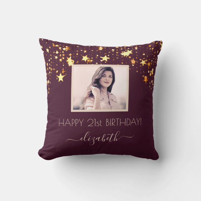 Birthday custom photo burgundy gold stars pink throw pillow (Front)