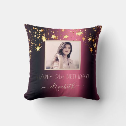 Birthday custom photo burgundy gold stars pink throw pillow