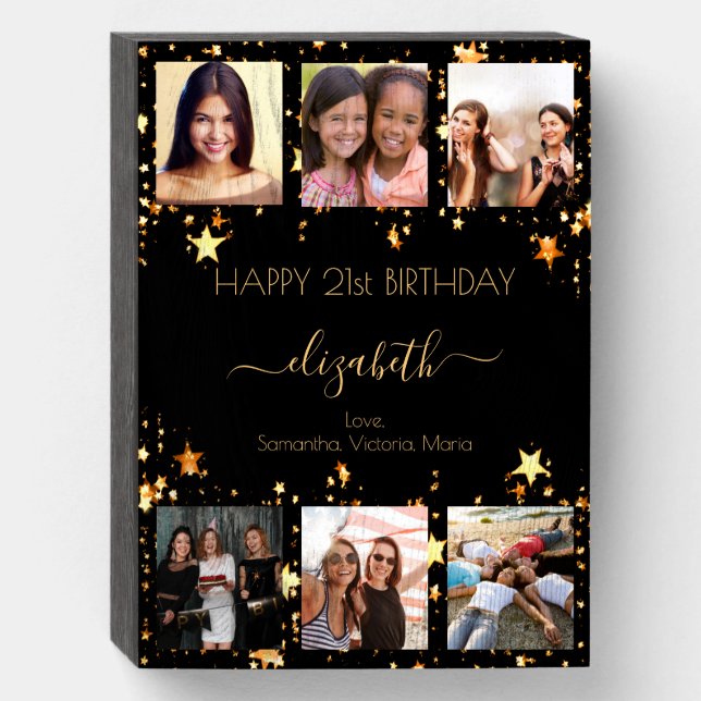 Birthday custom photo collage black friend stars wooden box sign (Front Vertical)