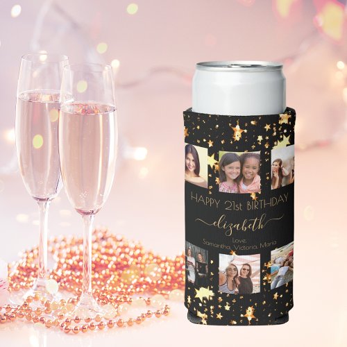 Birthday custom photo collage black gold friend seltzer can cooler