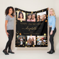 Birthday custom photo collage black gold friends fleece blanket
