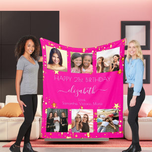 Birthday custom photo collage hot pink friend fleece blanket