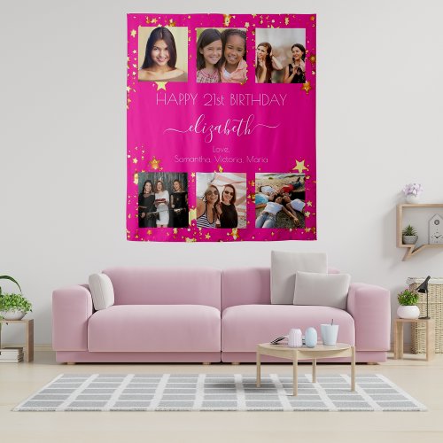 Birthday custom photo collage hot pink friend tapestry
