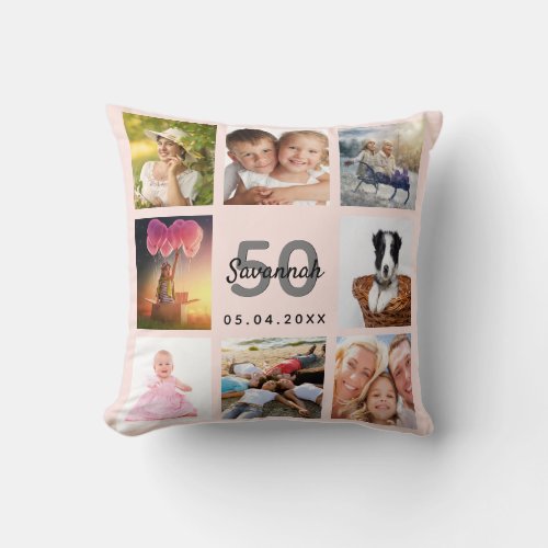 Birthday custom photo collage rose gold blush pink throw pillow