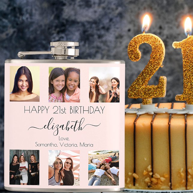 Birthday custom photo collage rose gold friend flask (Creator Uploaded)