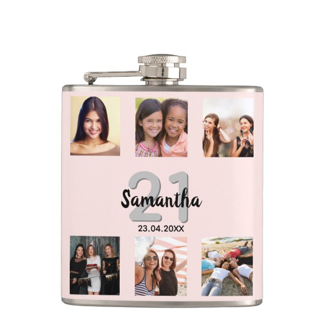 Birthday custom photo collage rose gold monogram flask (Front)