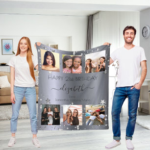Birthday custom photo collage silver best friends fleece blanket