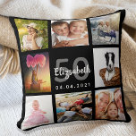 Birthday custom photo collage woman black throw pillow<br><div class="desc">A unique gift for a womans 50th (or any age) birthday, celebrating her life with a collage of 8 of your own photos, pictures. Personalize and add her name, age 50 and a date. A chic black background. Gray and white letters and numbers. The name is written with a modern...</div>
