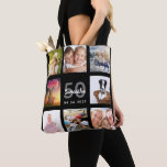 Birthday custom photo collage woman black tote bag<br><div class="desc">A unique gift for a woman's 50th (or any age) birthday, celebrating her life with a collage of 8 of your own photos, pictures. Personalize and add her name, age 50 and a date. A chic black background. Gray and white letters and numbers. The name is written with a modern...</div>
