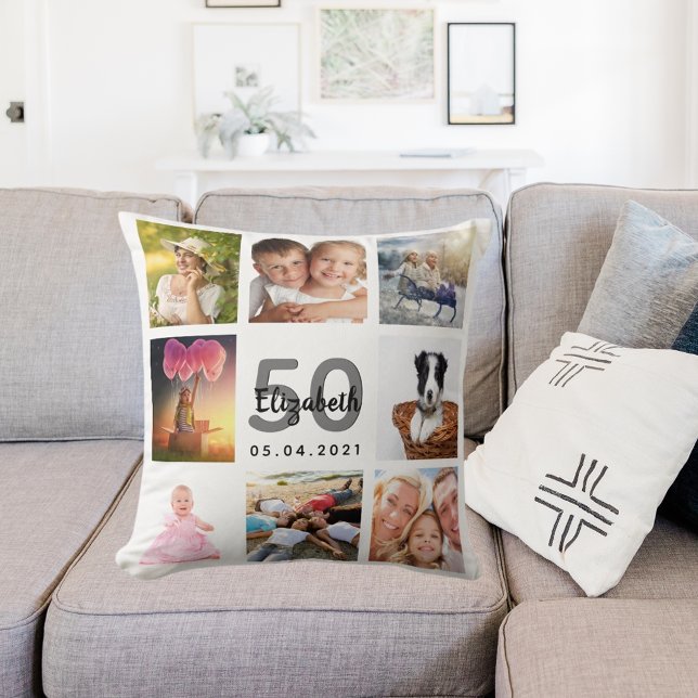 Birthday custom photo collage woman white throw pillow (Creator Uploaded)