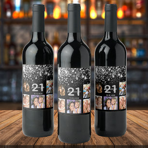 Birthday custom photo glitter black silver name wine label