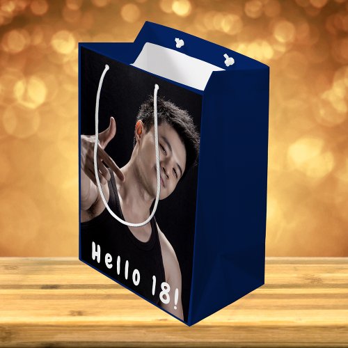 Birthday custom photo hello 18 blue boy men medium gift bag