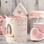 Birthday custom photo rose gold best friends mug<br><div class="desc">A gift from friends for a woman's 21st (or any age) birthday. Personalize and 2 of your own photos, her name, age 21 and your names. Dark rose text. A chic feminine rose gold, pink background color. Her name is written with a modern hand lettered style script with swashes. Decorated...</div>