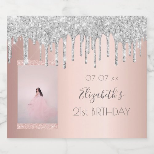 Birthday custom photo rose gold glitter silver sparkling wine label