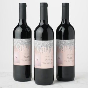 Birthday custom photo rose gold glitter silver wine label