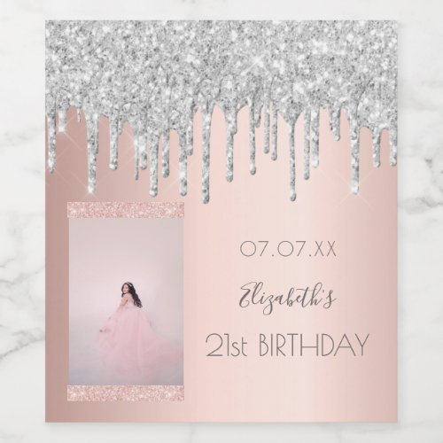 Birthday custom photo rose gold glitter silver wine label